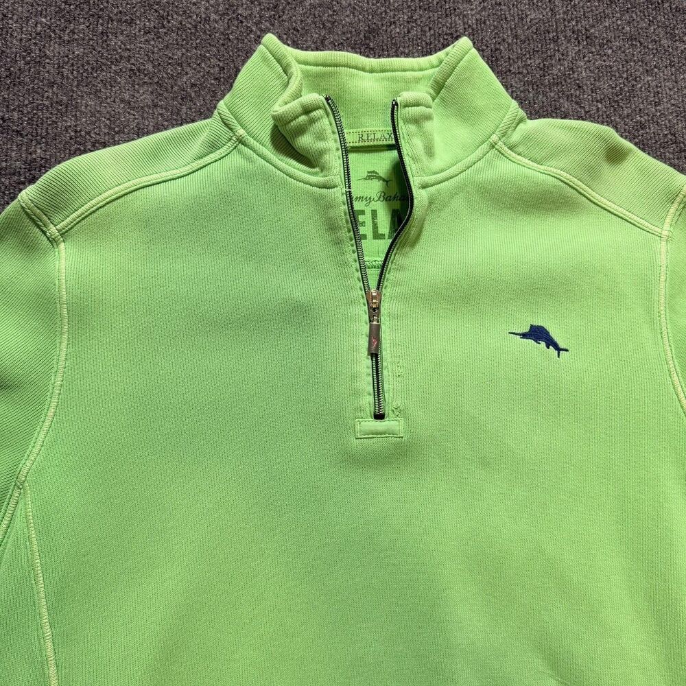 Tommy Bahama Sweatshirt Mens Medium Green Relax 1/4 Zip Mock Neck Pullover Logo - Picture 3 of 11